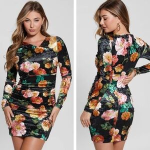 Guess Tess long sleeve floral velvet dress Peony Charm black wrap size large NEW